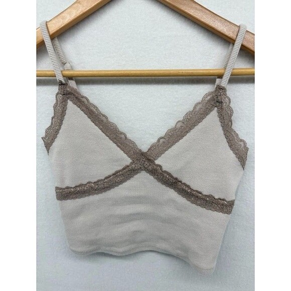Garage Women's Size Small Cropped Cami Tank Beige, Lace Trimmed Adjustable Strap - Picture 1 of 4